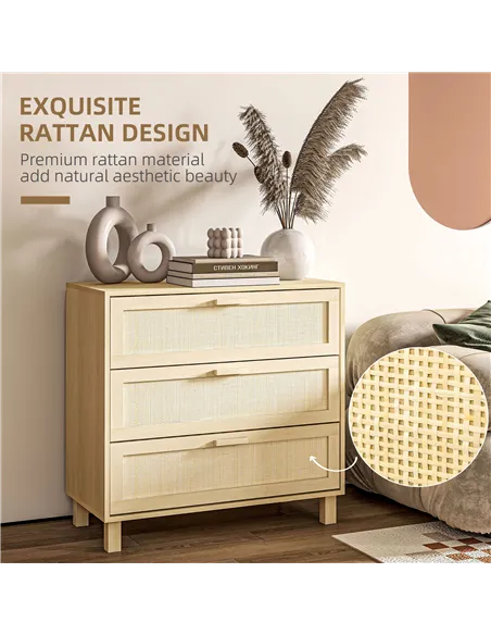 HOMCOM Rattan Bedroom Chest of Drawers, 3 Drawers Storage Unit, Boho Dresser for Living Room, Hallway, Natural