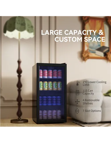 HOMCOM 93L Drinks Fridge, 115 Can Freestanding Beer Fridge with Glass Door, Adjustable Shelves, LED Light, for Beer Soda, Black