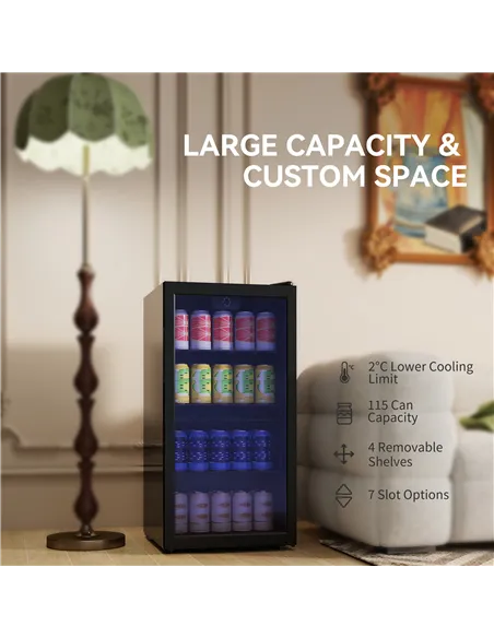 HOMCOM 93L Drinks Fridge, 115 Can Freestanding Beer Fridge with Glass Door, Adjustable Shelves, LED Light, for Beer Soda, Black