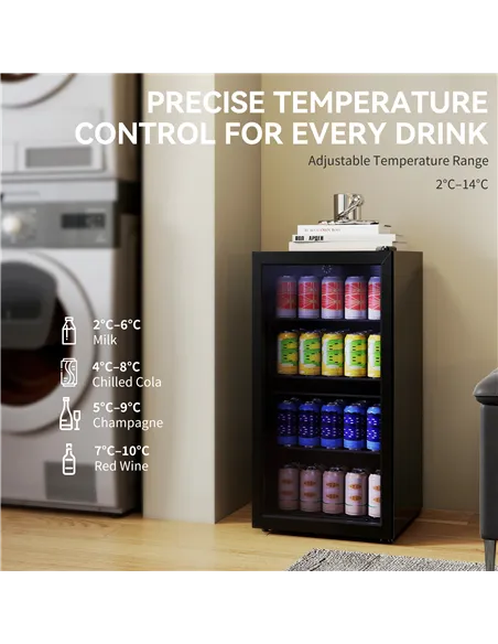 HOMCOM 93L Drinks Fridge, 115 Can Freestanding Beer Fridge with Glass Door, Adjustable Shelves, LED Light, for Beer Soda, Black