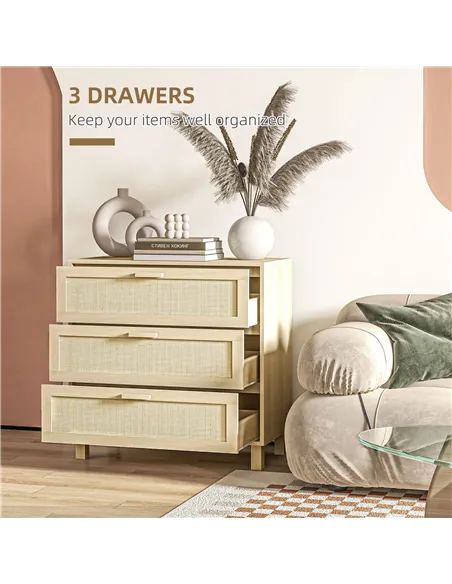HOMCOM Rattan Bedroom Chest of Drawers, 3 Drawers Storage Unit, Boho Dresser for Living Room, Hallway, Natural