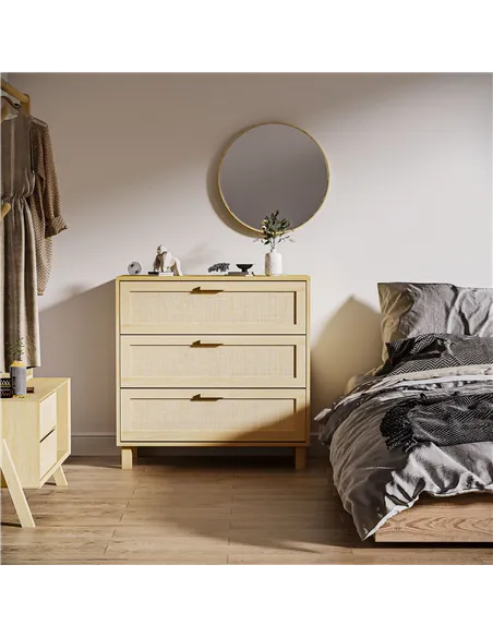 HOMCOM Rattan Bedroom Chest of Drawers, 3 Drawers Storage Unit, Boho Dresser for Living Room, Hallway, Natural