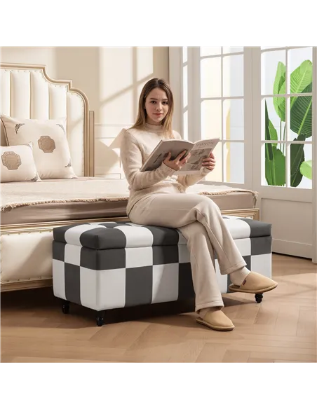 HOMCOM Storage Ottoman, Storage Bench with Wood Legs, Footstool, Footrest with Velvet Surface for Bedroom, Hallway, Living Room,