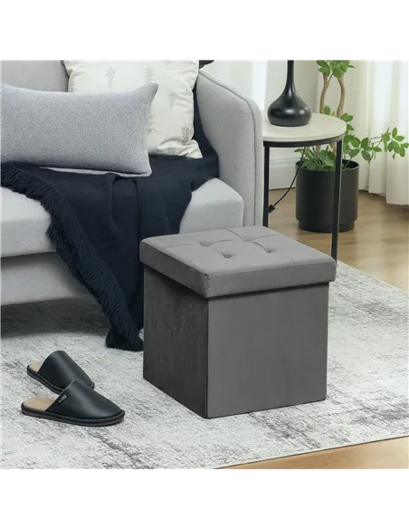 HOMCOM Foldable Velvet-Feel Storage Ottoman - Grey