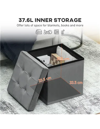 HOMCOM Foldable Velvet-Feel Storage Ottoman - Grey
