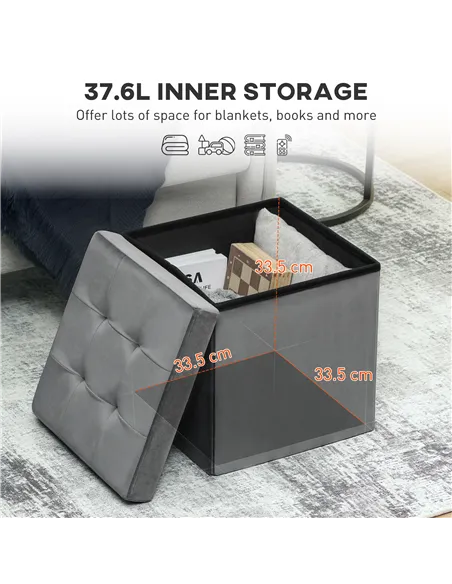 HOMCOM Foldable Velvet-Feel Storage Ottoman - Grey