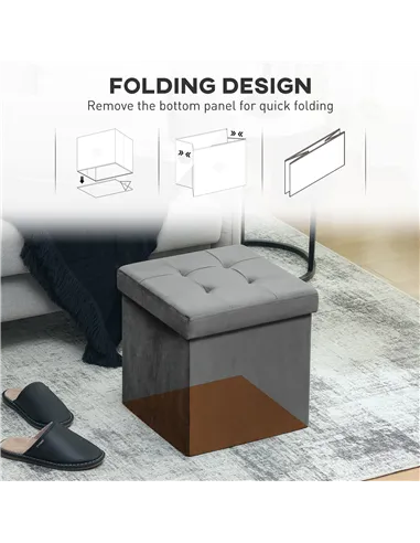 HOMCOM Foldable Velvet-Feel Storage Ottoman - Grey