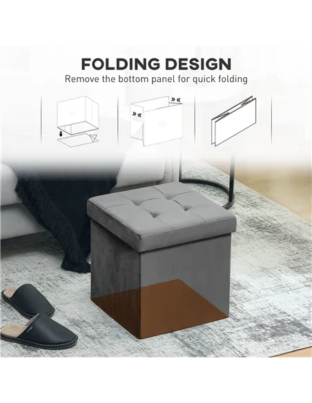 HOMCOM Foldable Velvet-Feel Storage Ottoman - Grey