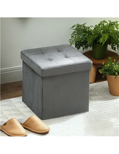 HOMCOM Foldable Velvet-Feel Storage Ottoman - Grey