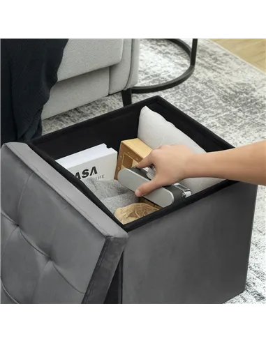 HOMCOM Foldable Velvet-Feel Storage Ottoman - Grey