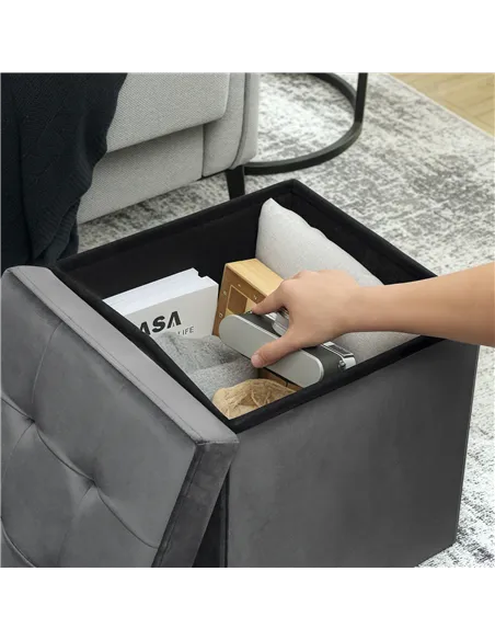 HOMCOM Foldable Velvet-Feel Storage Ottoman - Grey