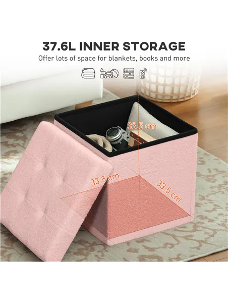 HOMCOM Foldable Sherpa Fleece Storage Ottoman - Pink
