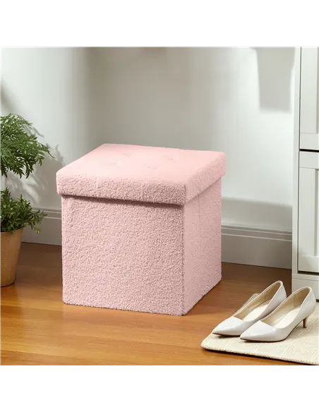 HOMCOM Foldable Sherpa Fleece Storage Ottoman - Pink