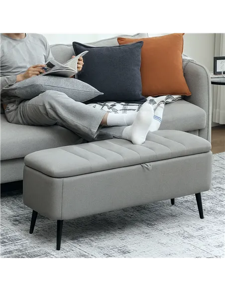 HOMCOM 92 x 31cm Linen-Look Storage Ottoman - Light Grey