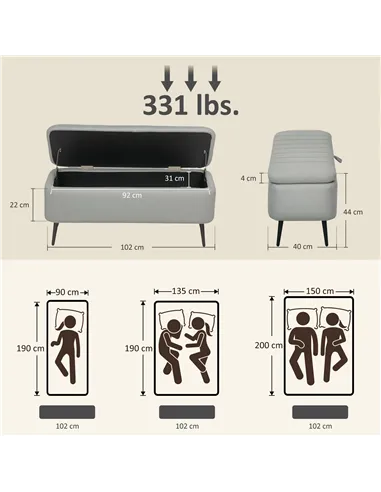 HOMCOM 92 x 31cm Linen-Look Storage Ottoman - Light Grey