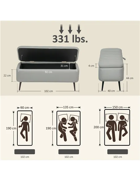 HOMCOM 92 x 31cm Linen-Look Storage Ottoman - Light Grey