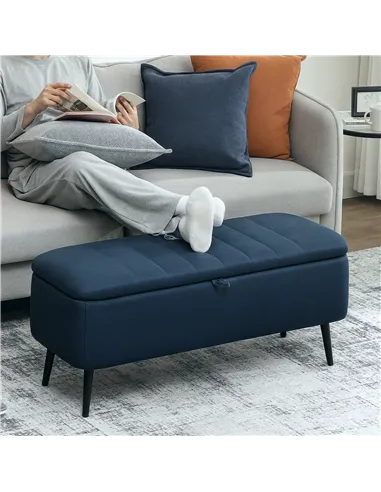 HOMCOM 92 x 31cm Linen-Look Storage Ottoman - Dark Blue