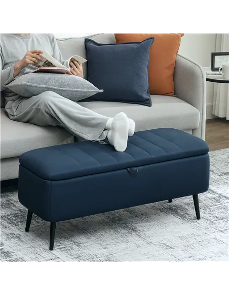 HOMCOM 92 x 31cm Linen-Look Storage Ottoman - Dark Blue