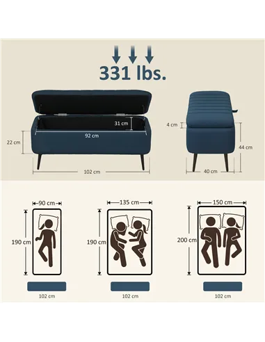 HOMCOM 92 x 31cm Linen-Look Storage Ottoman - Dark Blue