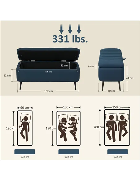 HOMCOM 92 x 31cm Linen-Look Storage Ottoman - Dark Blue