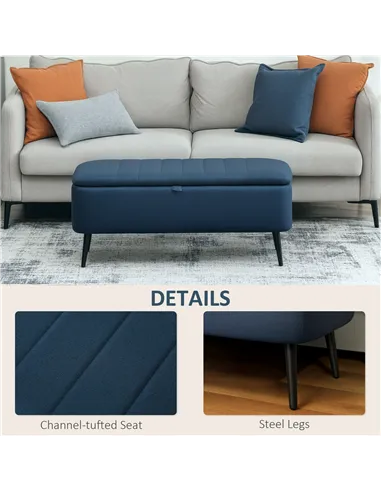 HOMCOM 92 x 31cm Linen-Look Storage Ottoman - Dark Blue