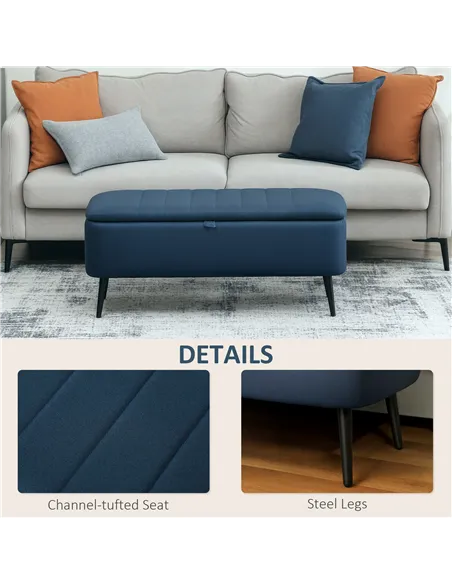 HOMCOM 92 x 31cm Linen-Look Storage Ottoman - Dark Blue