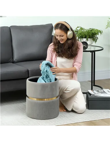 HOMCOM Velvet-Feel Storage Ottoman - Light Grey