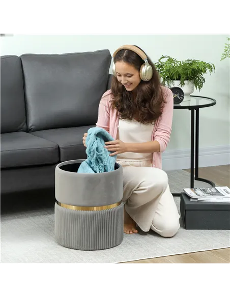 HOMCOM Velvet-Feel Storage Ottoman - Light Grey