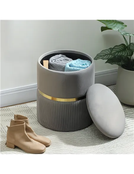 HOMCOM Velvet-Feel Storage Ottoman - Light Grey