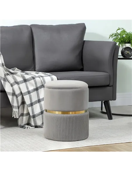 HOMCOM Velvet-Feel Storage Ottoman - Light Grey