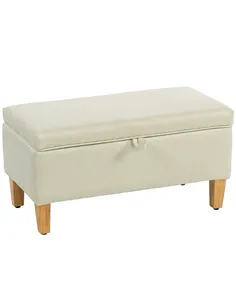 HOMCOM 30L Linen Storage Ottoman Padded Footstool with Rubberwood Legs for Storage Box, Bed End, Shoe Bench, Seating, Beige