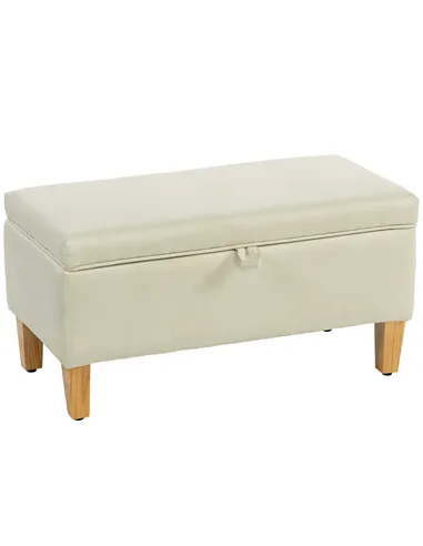 HOMCOM 30L Linen Storage Ottoman Padded Footstool with Rubberwood Legs for Storage Box, Bed End, Shoe Bench, Seating, Beige