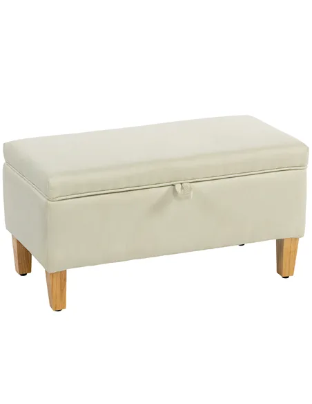 HOMCOM 30L Linen Storage Ottoman Padded Footstool with Rubberwood Legs for Storage Box, Bed End, Shoe Bench, Seating, Beige