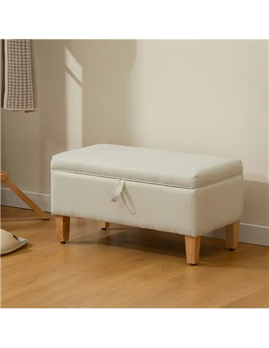 HOMCOM 30L Linen Storage Ottoman Padded Footstool with Rubberwood Legs for Storage Box, Bed End, Shoe Bench, Seating, Beige