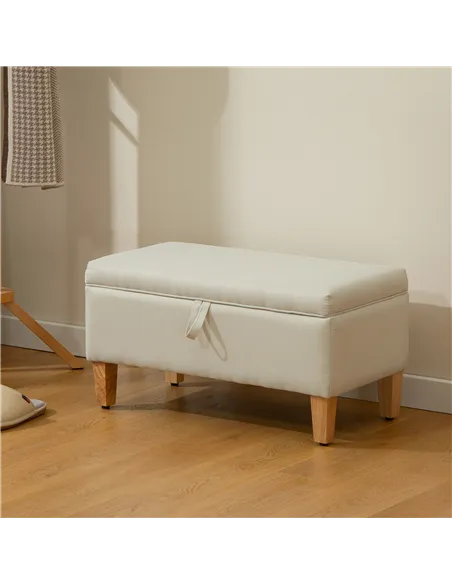 HOMCOM 30L Linen Storage Ottoman Padded Footstool with Rubberwood Legs for Storage Box, Bed End, Shoe Bench, Seating, Beige