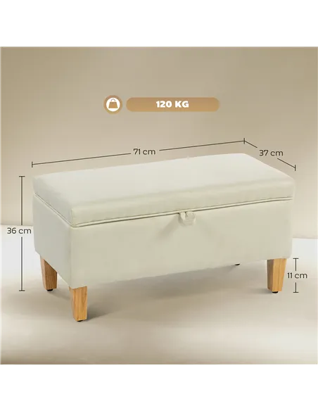 HOMCOM 30L Linen Storage Ottoman Padded Footstool with Rubberwood Legs for Storage Box, Bed End, Shoe Bench, Seating, Beige