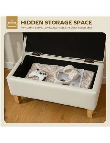 HOMCOM 30L Linen Storage Ottoman Padded Footstool with Rubberwood Legs for Storage Box, Bed End, Shoe Bench, Seating, Beige