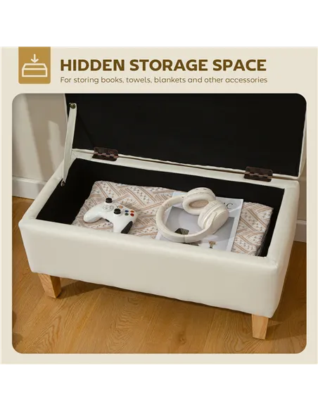 HOMCOM 30L Linen Storage Ottoman Padded Footstool with Rubberwood Legs for Storage Box, Bed End, Shoe Bench, Seating, Beige