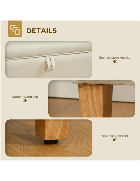 HOMCOM 30L Linen Storage Ottoman Padded Footstool with Rubberwood Legs for Storage Box, Bed End, Shoe Bench, Seating, Beige