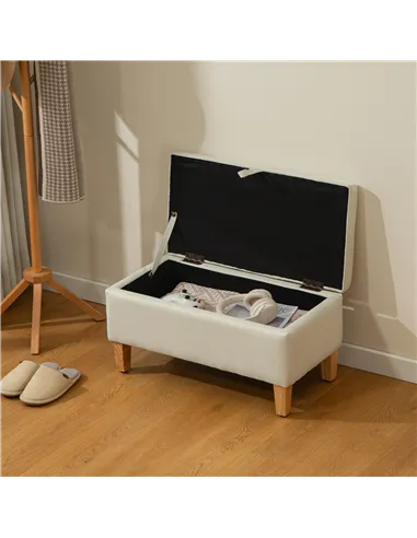 HOMCOM 30L Linen Storage Ottoman Padded Footstool with Rubberwood Legs for Storage Box, Bed End, Shoe Bench, Seating, Beige