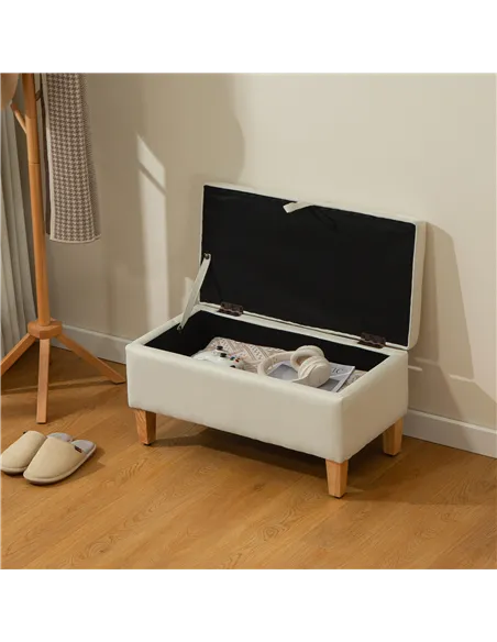 HOMCOM 30L Linen Storage Ottoman Padded Footstool with Rubberwood Legs for Storage Box, Bed End, Shoe Bench, Seating, Beige