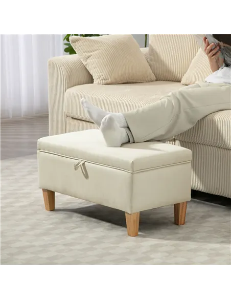 HOMCOM 30L Linen Storage Ottoman Padded Footstool with Rubberwood Legs for Storage Box, Bed End, Shoe Bench, Seating, Beige
