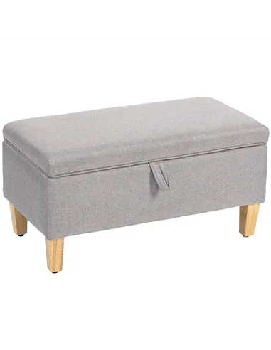 HOMCOM 30L Linen Storage Ottoman Padded Footstool with Rubberwood Legs for Storage Box, Bed End, Shoe Bench, Seating, Light Grey