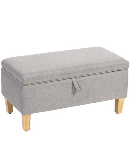 HOMCOM 30L Linen Storage Ottoman Padded Footstool with Rubberwood Legs for Storage Box, Bed End, Shoe Bench, Seating, Light Grey