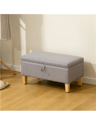 HOMCOM 30L Linen Storage Ottoman Padded Footstool with Rubberwood Legs for Storage Box, Bed End, Shoe Bench, Seating, Light Grey