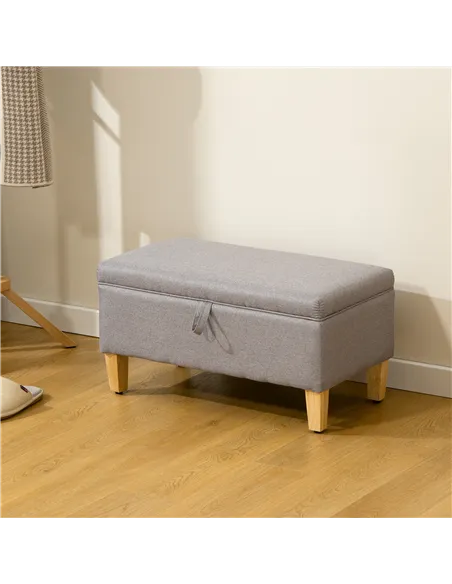 HOMCOM 30L Linen Storage Ottoman Padded Footstool with Rubberwood Legs for Storage Box, Bed End, Shoe Bench, Seating, Light Grey
