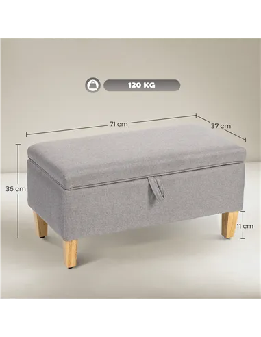 HOMCOM 30L Linen Storage Ottoman Padded Footstool with Rubberwood Legs for Storage Box, Bed End, Shoe Bench, Seating, Light Grey