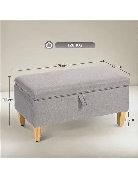HOMCOM 30L Linen Storage Ottoman Padded Footstool with Rubberwood Legs for Storage Box, Bed End, Shoe Bench, Seating, Light Grey