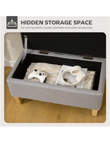 HOMCOM 30L Linen Storage Ottoman Padded Footstool with Rubberwood Legs for Storage Box, Bed End, Shoe Bench, Seating, Light Grey