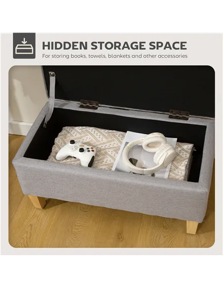 HOMCOM 30L Linen Storage Ottoman Padded Footstool with Rubberwood Legs for Storage Box, Bed End, Shoe Bench, Seating, Light Grey